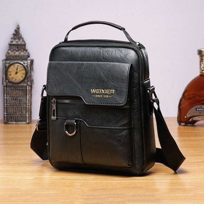 Herre Pu Læder Retro Business Stor Kapacitet Multi-lomme Ensfarvet Skuldertaske Crossbody Taske