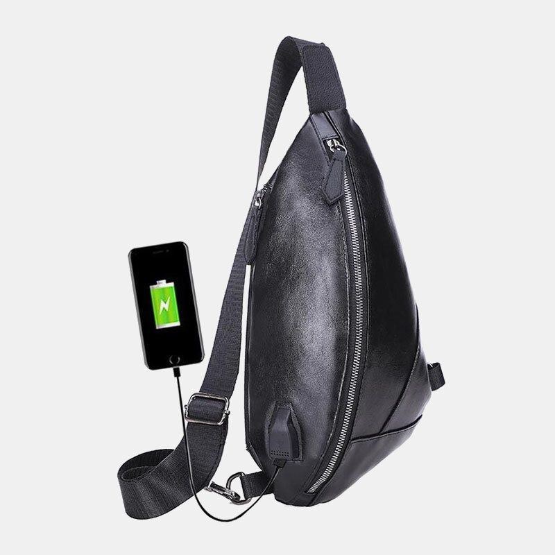 Herre Pu Læder Usb Opladning Vandtæt Casual Crossbody Taske Brysttaske Sling Bag