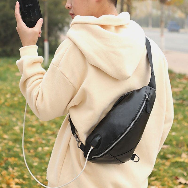 Herre Pu Læder Usb Opladning Vandtæt Casual Crossbody Taske Brysttaske Sling Bag