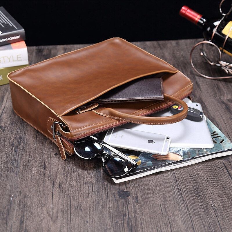 Herre Vandret Multi-lomme Dokumentmappe Vintage Pu Læder 14 Tommer Bærbar Taske Crossbody Taske Skuldertaske Håndtaske