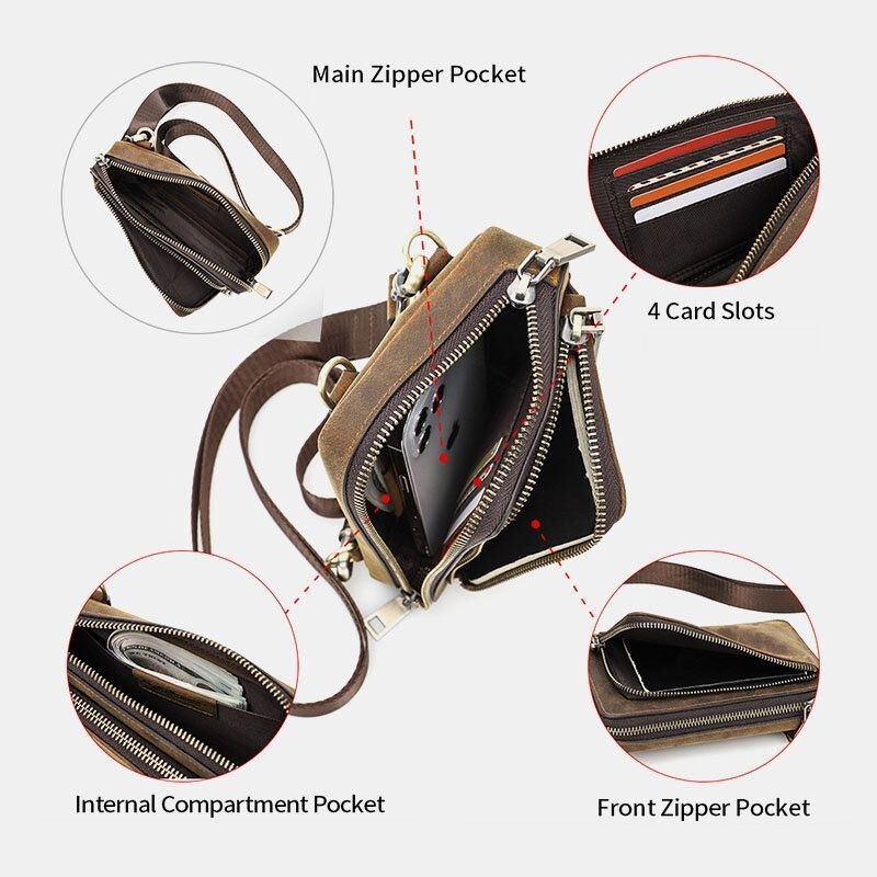 Herre Vintage Ægte Læder Lynlås-side Konvertible Stropper Crossbody-taske Med Stor Kapacitet Bæltetaske Taljetaske