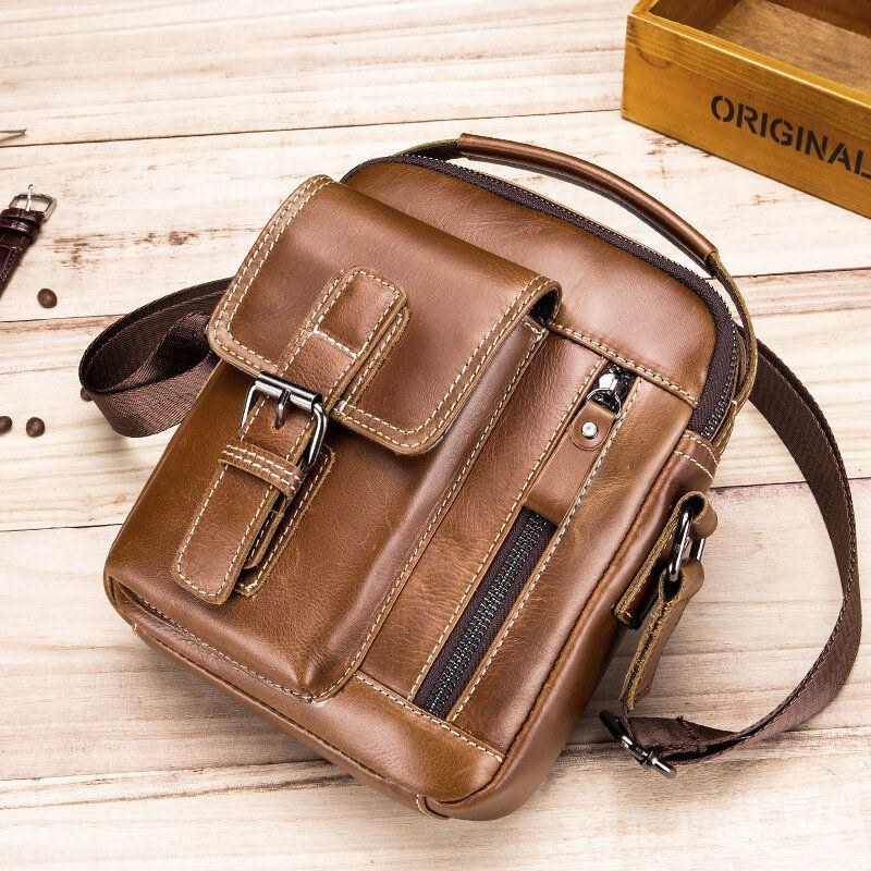 Herre Vintage Ægte Læder Slidfast Multifunktions Crossbody Taske Casual Skuldertaske