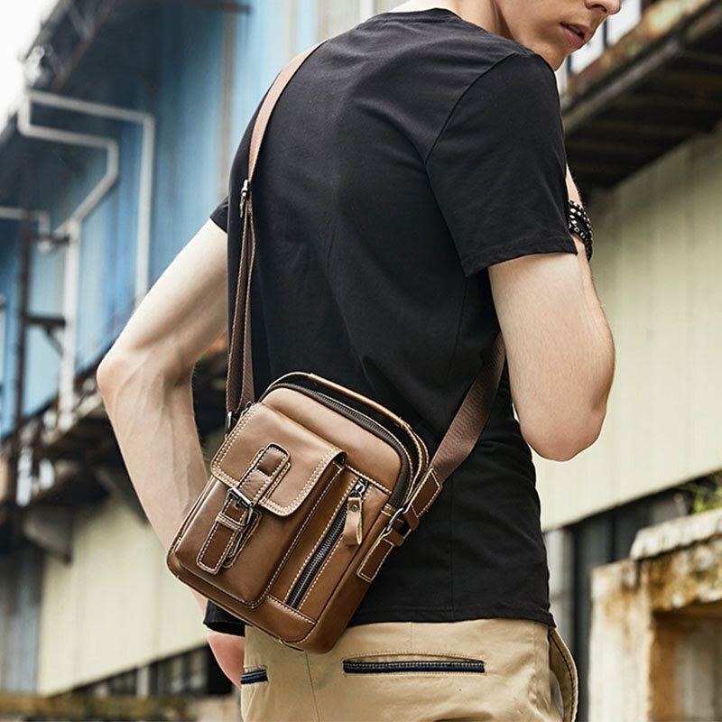 Herre Vintage Ægte Læder Slidfast Multifunktions Crossbody Taske Casual Skuldertaske