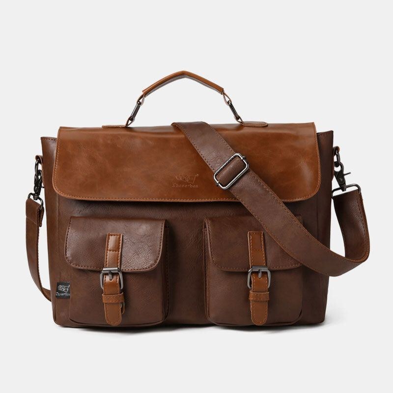 Herre Vintage Multifunktion Dobbelt Frontlomme Lærertaske Dokumentmappe 14 Tommer Bærbar Taske Crossbody Skuldertaske
