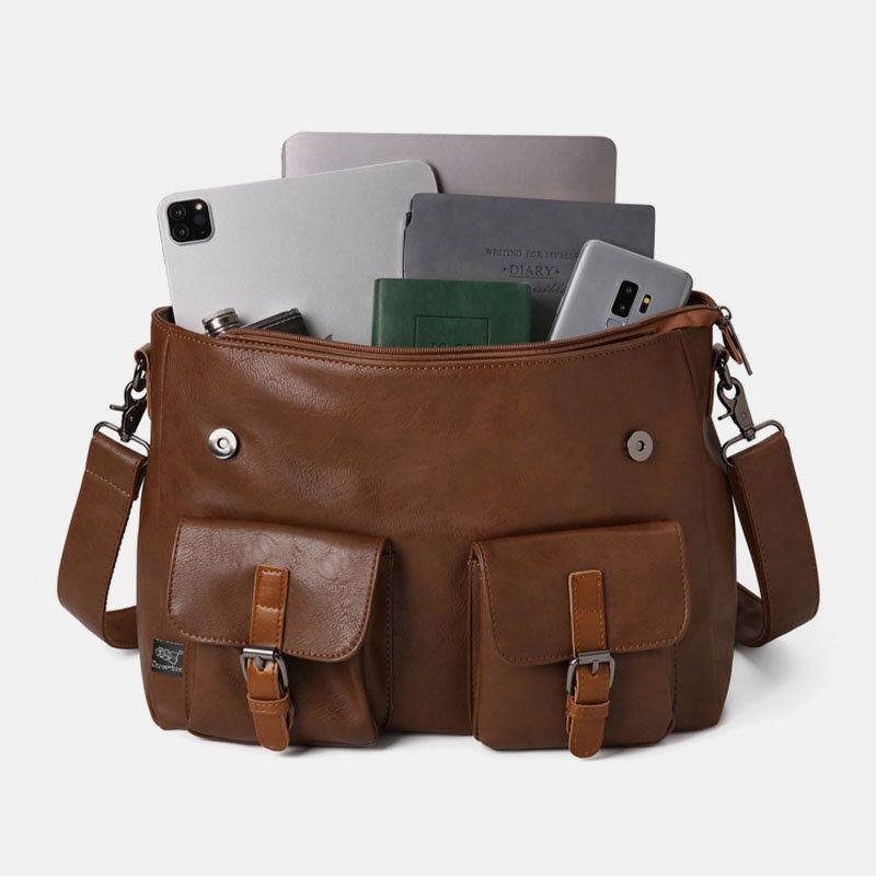 Herre Vintage Multifunktion Dobbelt Frontlomme Lærertaske Dokumentmappe 14 Tommer Bærbar Taske Crossbody Skuldertaske