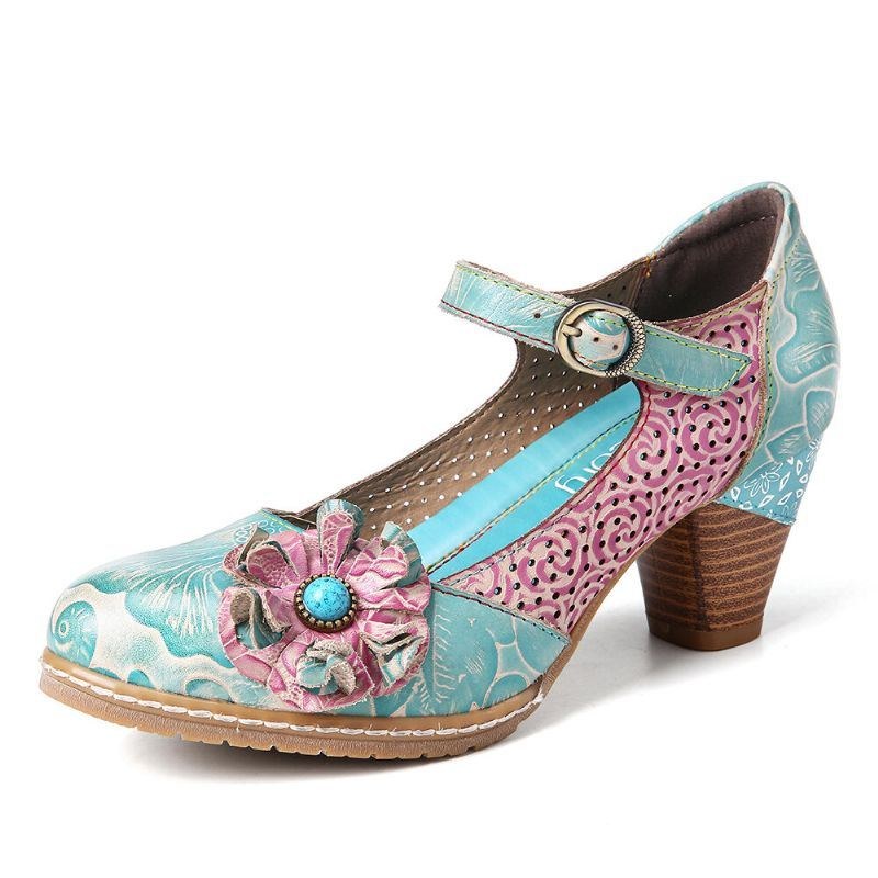 Dame Blomsterlæder Spænde Ankelrem Chunky Heel Pumps Mary Jane Dress Sko