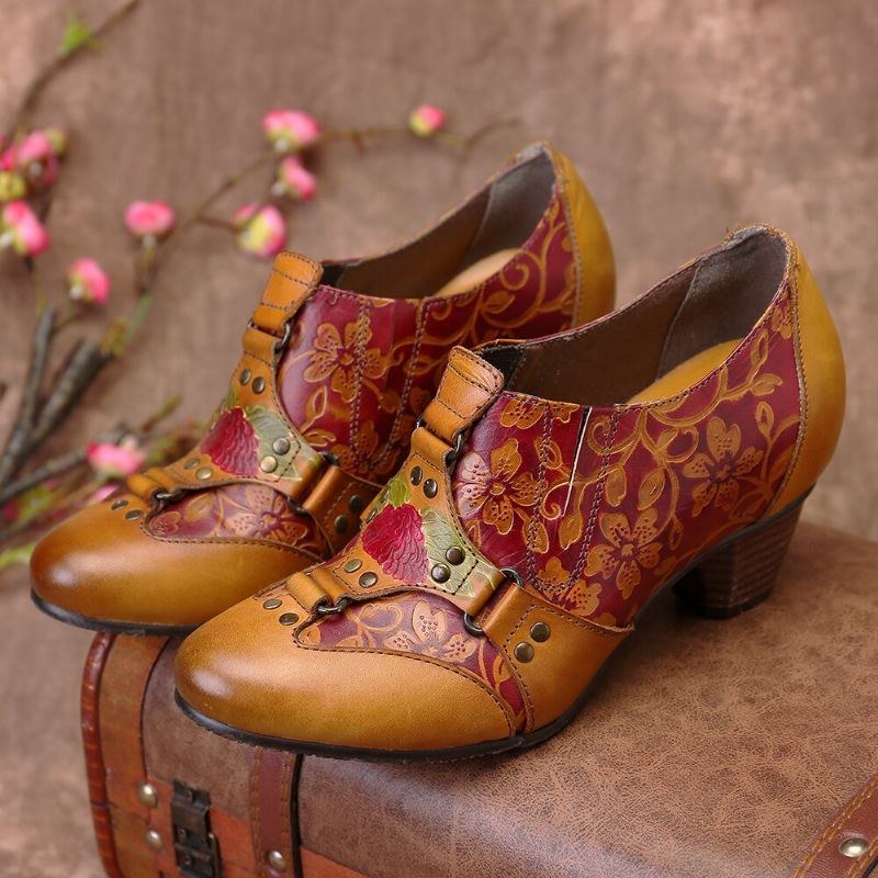 Dame Cowgirl Håndmalet Retro Blomster Mønster Nitte Ægte Læder Lav Hæl Slip On Pumps
