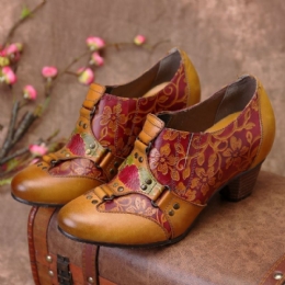 Dame Cowgirl Håndmalet Retro Blomster Mønster Nitte Ægte Læder Lav Hæl Slip On Pumps