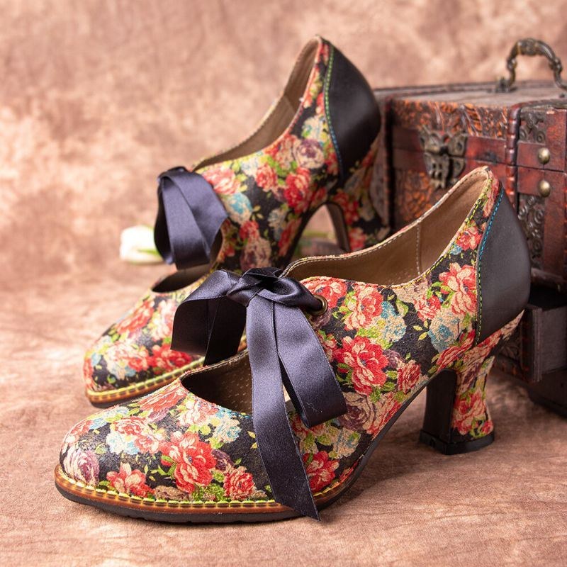 Dame Elegante Yndefulde Små Blomster Trykt Behagelige Bærbare Snørebåndssøm Chunky Heel Pumps