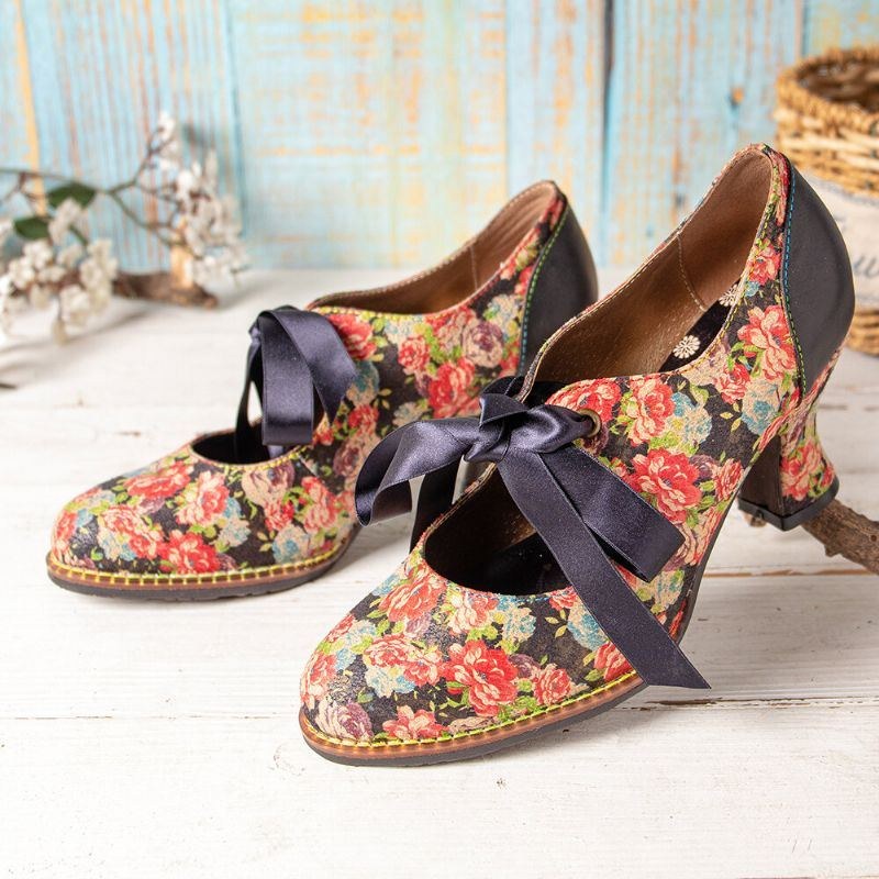 Dame Elegante Yndefulde Små Blomster Trykt Behagelige Bærbare Snørebåndssøm Chunky Heel Pumps