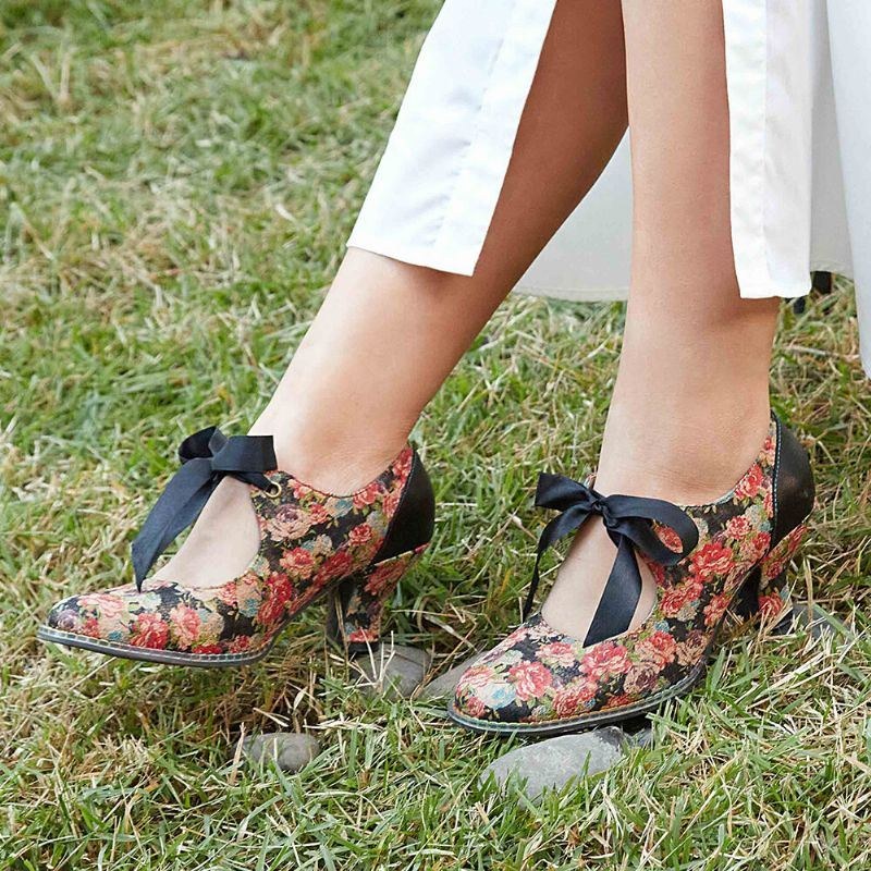 Dame Elegante Yndefulde Små Blomster Trykt Behagelige Bærbare Snørebåndssøm Chunky Heel Pumps