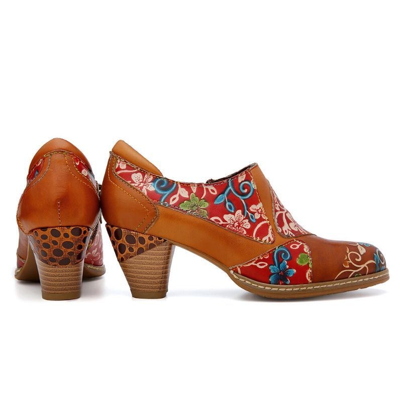 Dame Læder Blomster Splejsningssyning Lynlås Chunky Heel Pumps Dress Sko