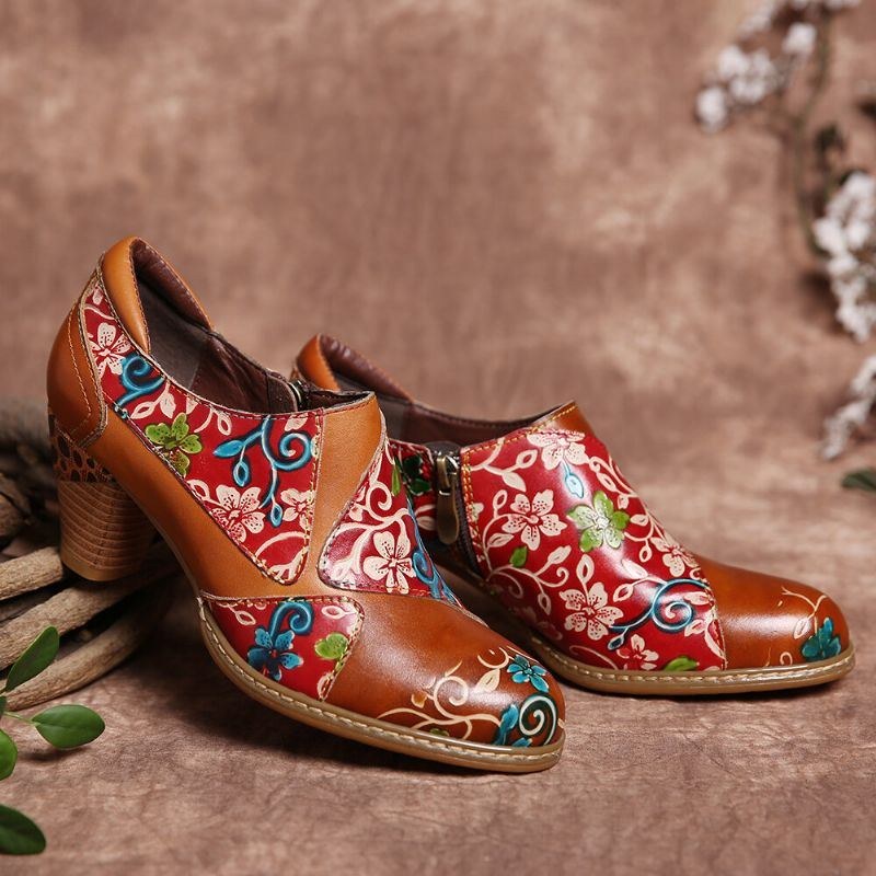 Dame Læder Blomster Splejsningssyning Lynlås Chunky Heel Pumps Dress Sko