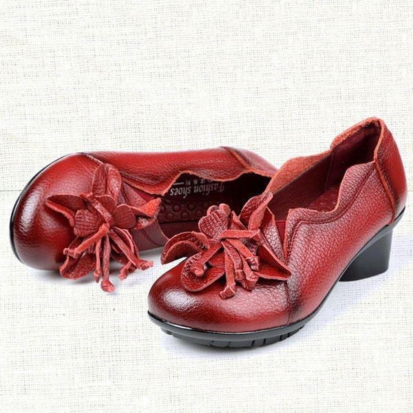 Dame Large Størrelse Blomsterdekoration Pure Farve Mid Heel Retro Pumps