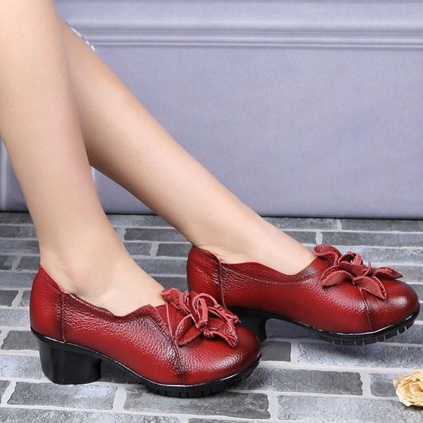 Dame Large Størrelse Blomsterdekoration Pure Farve Mid Heel Retro Pumps