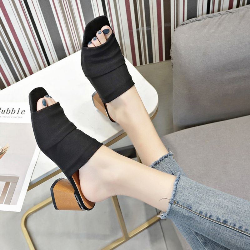 Dame Peep Toe Mesh Ensfarvet Chunky Heel Pumps