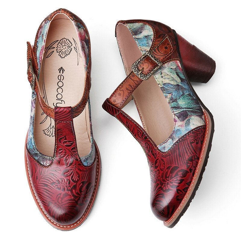 Dame Retro Ægte Læder Blomster Prægede Blade T-strop Chunky Heel Pumps