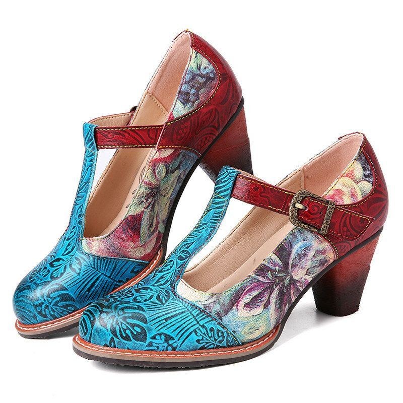 Dame Retro Ægte Læder Blomster Prægede Blade T-strop Chunky Heel Pumps