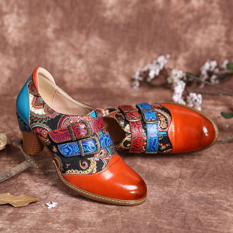 Dame Retro Ægte Læder Folkways Krogløkke Spænde Strop Chunky Heel Pumps