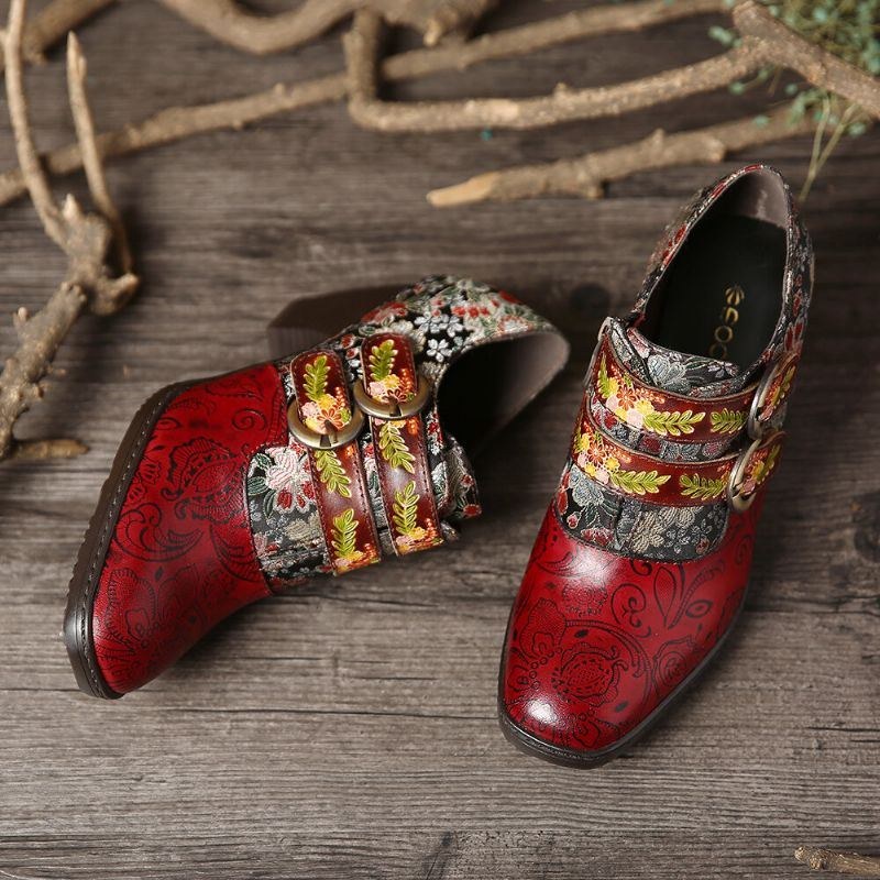 Dame Retro-blomster Metal Præget Spænde Rem Læder Lav Hæl Firkantet Tå Pumps