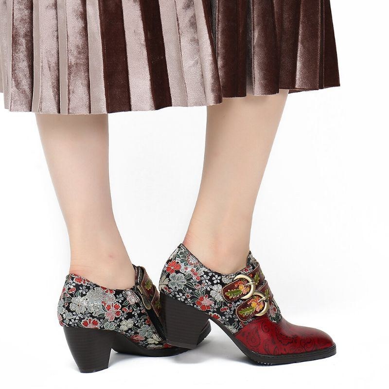 Dame Retro-blomster Metal Præget Spænde Rem Læder Lav Hæl Firkantet Tå Pumps