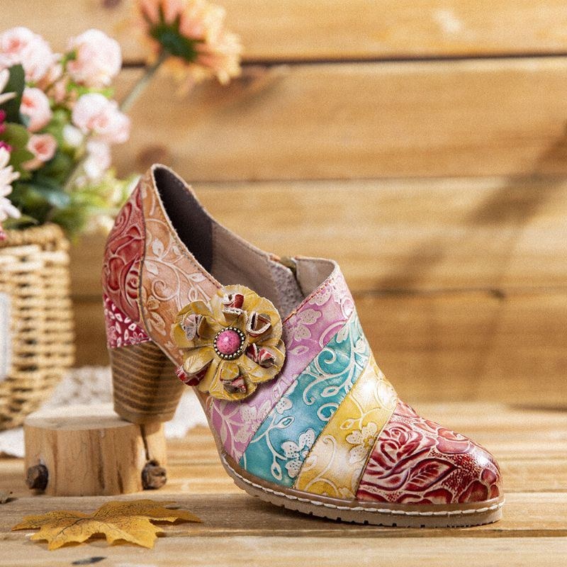 Dame Retro Blomstret Læder Splejsningslynlås Chunky Heel Pumps Dress Sko