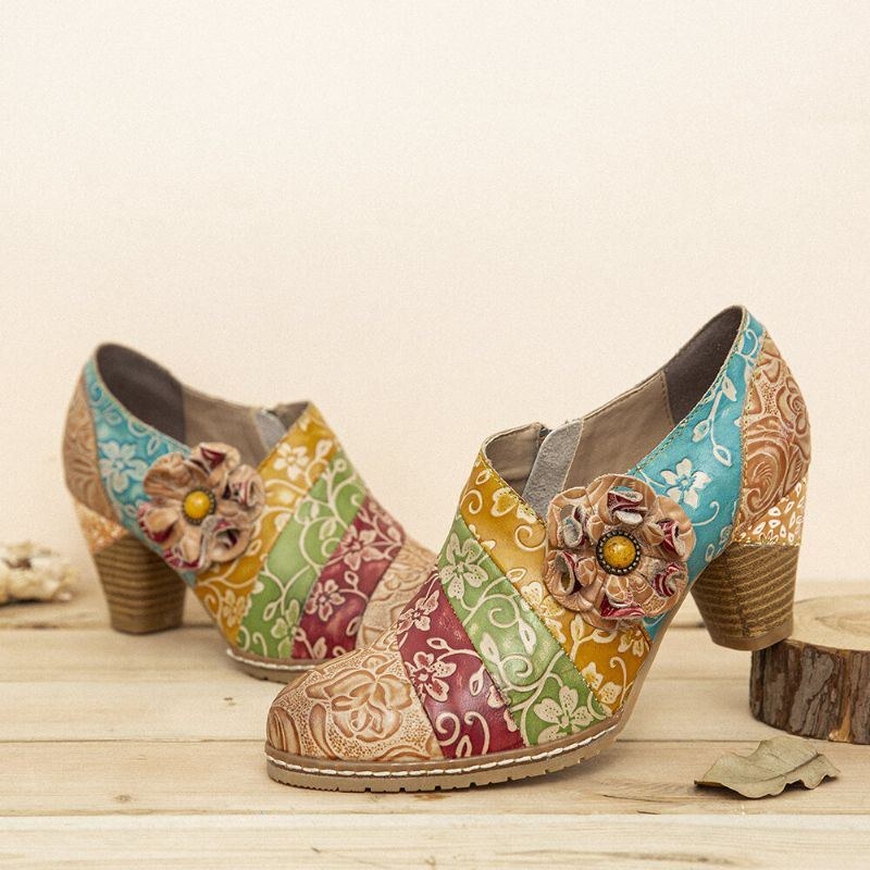 Dame Retro Blomstret Læder Splejsningslynlås Chunky Heel Pumps Dress Sko