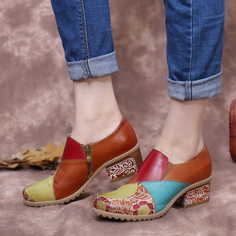 Dame Retro Kontrast Splejsning Læder Lynlås Ankelstøvler Med Lav Hæl Slip On Block Heel Pumps