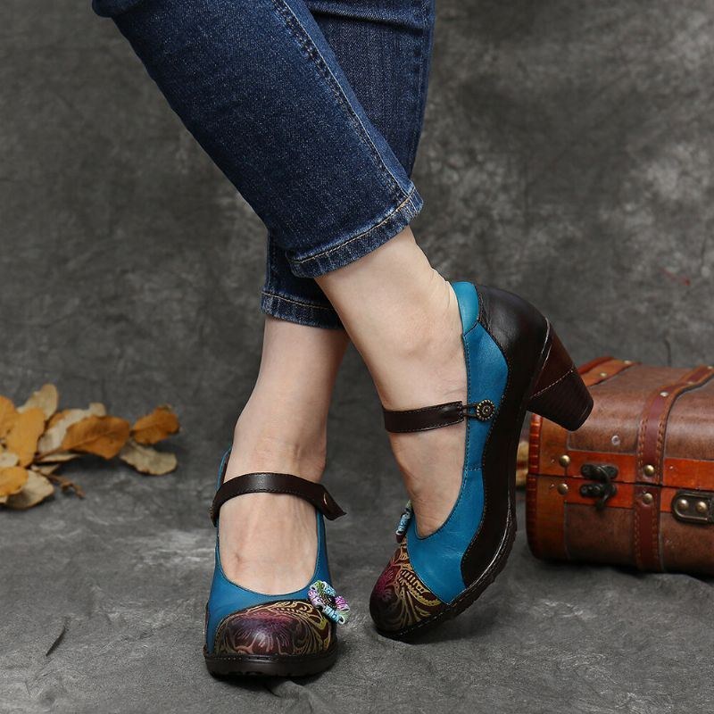 Dame Retro Læder Blomster Splejsning Chunky Heel Pumps Mary Jane Dress Sko