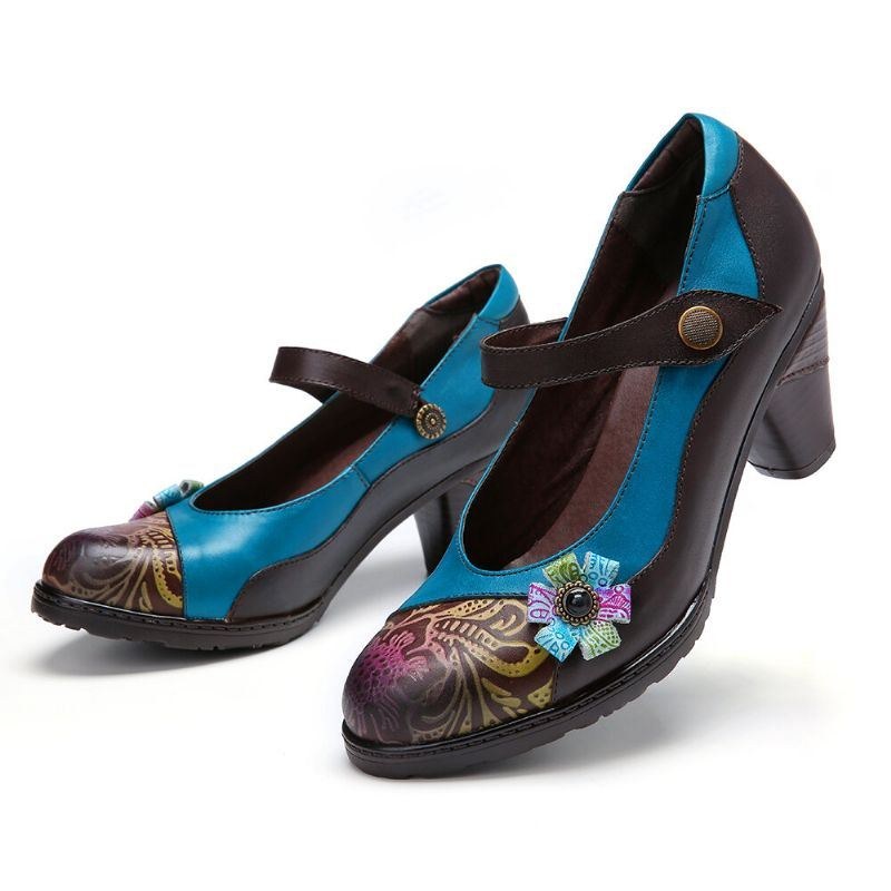 Dame Retro Læder Blomster Splejsning Chunky Heel Pumps Mary Jane Dress Sko
