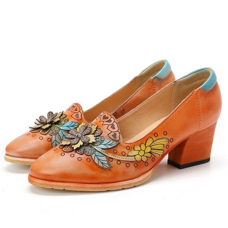 Dame Retro Splejsning Blomster Læder Slip On Block Heel Pumps Dress Sko