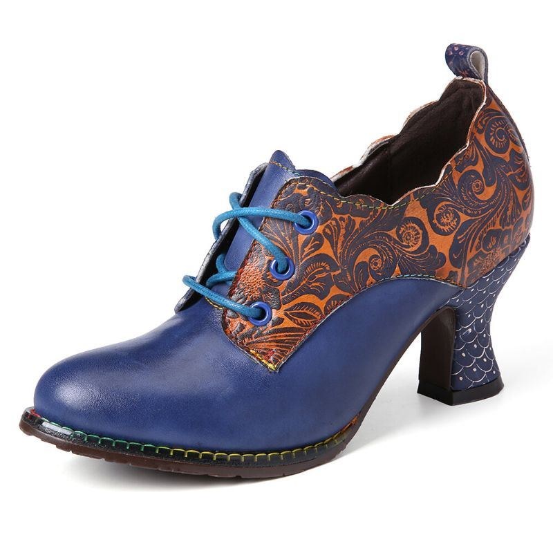 Dame Vintage Læder Blomstersting Snørebånd Lynlås I Siden Chunky Heel Pumps