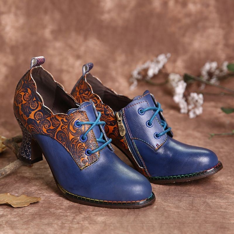 Dame Vintage Læder Blomstersting Snørebånd Lynlås I Siden Chunky Heel Pumps