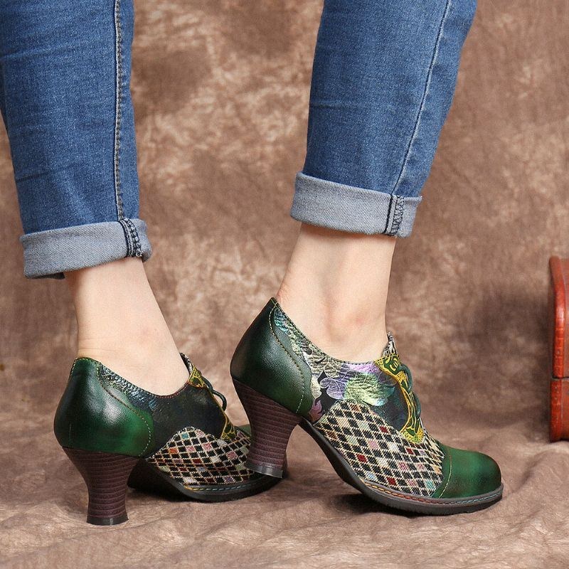 Dame Vintage Læder Blomstret Plaid Splejsning Snørebånd Grøn Chunky Heel Pumps