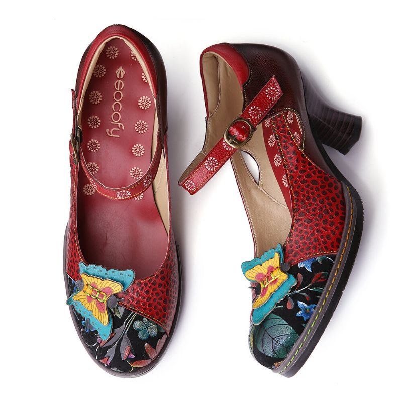 Dame Vintage Læder Sommerfugle Splejsningsudskæringer Spænde Rem Chunky Heel Pumps