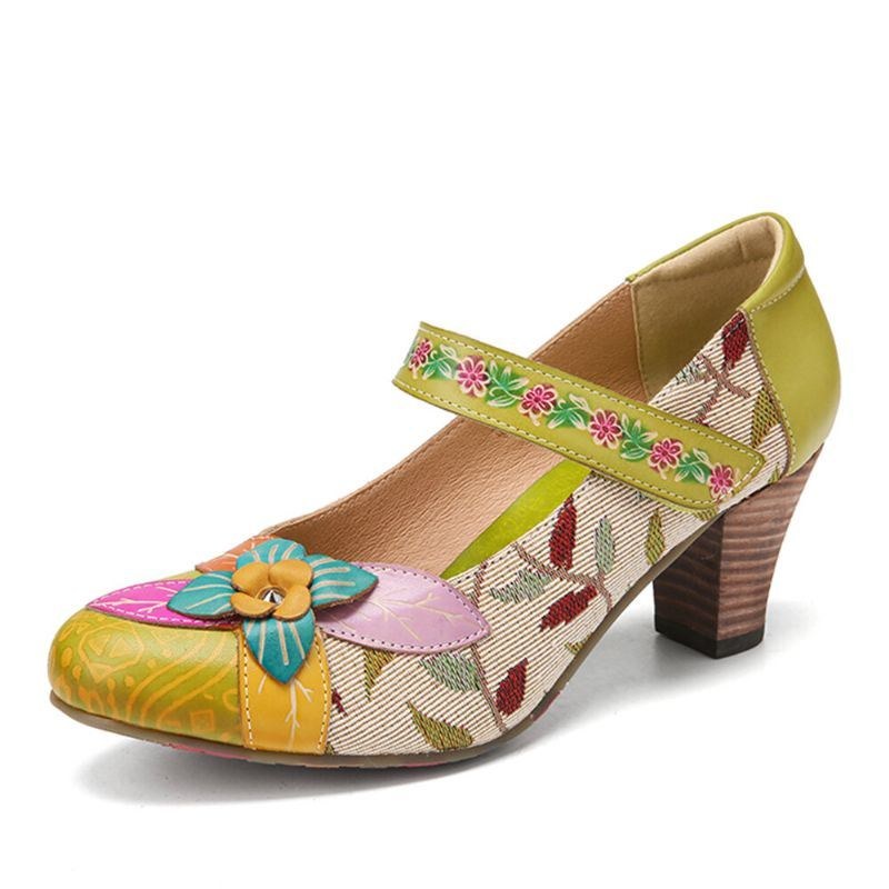 Kvinders Elegante Blomsterdekoration Løvstofsøm Med Trykt Okselæder Comfy Mary Jane Pumps