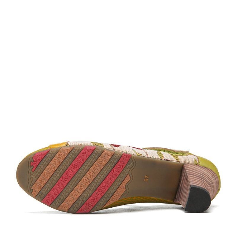 Kvinders Elegante Blomsterdekoration Løvstofsøm Med Trykt Okselæder Comfy Mary Jane Pumps