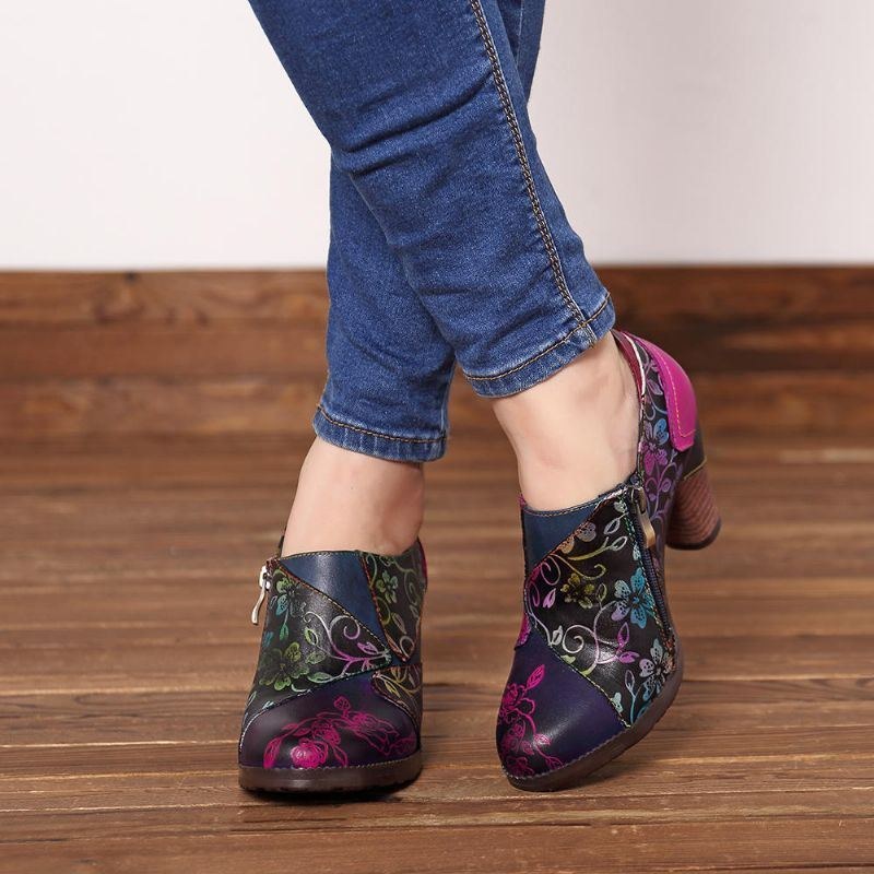 Kvinders Håndlavede Trykmønster Læder Lynlås Chunky Heel Pumps